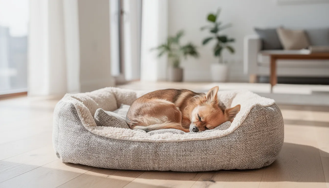 Na jasnym, nowoczesnym legowisku odpoczywa mały pies, prawdopodobnie rasy yorkshire terrier lub shih tzu, w przytulnym mieszkaniu. Jego spokojny charakter sprawia, że doskonale nadaje się do życia w małych przestrzeniach, takich jak mieszkania w bloku.