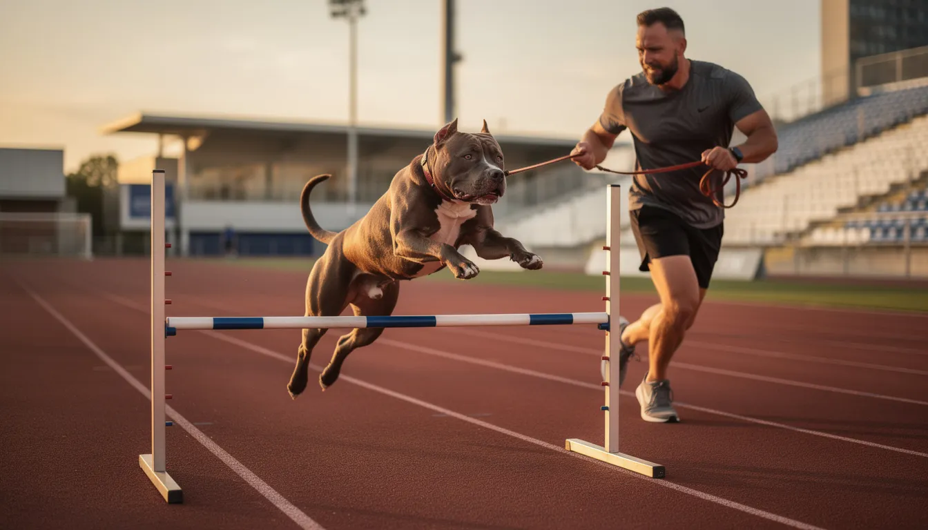 Na zdjęciu widoczny jest atletyczny pies rasy pit bull, który intensywnie trenuje ze swoim właścicielem. Właściciel stara się zapewnić psu odpowiednie szkolenie, co jest kluczowe w przypadku psów uznawanych za agresywne, aby uniknąć agresywnych zachowań.