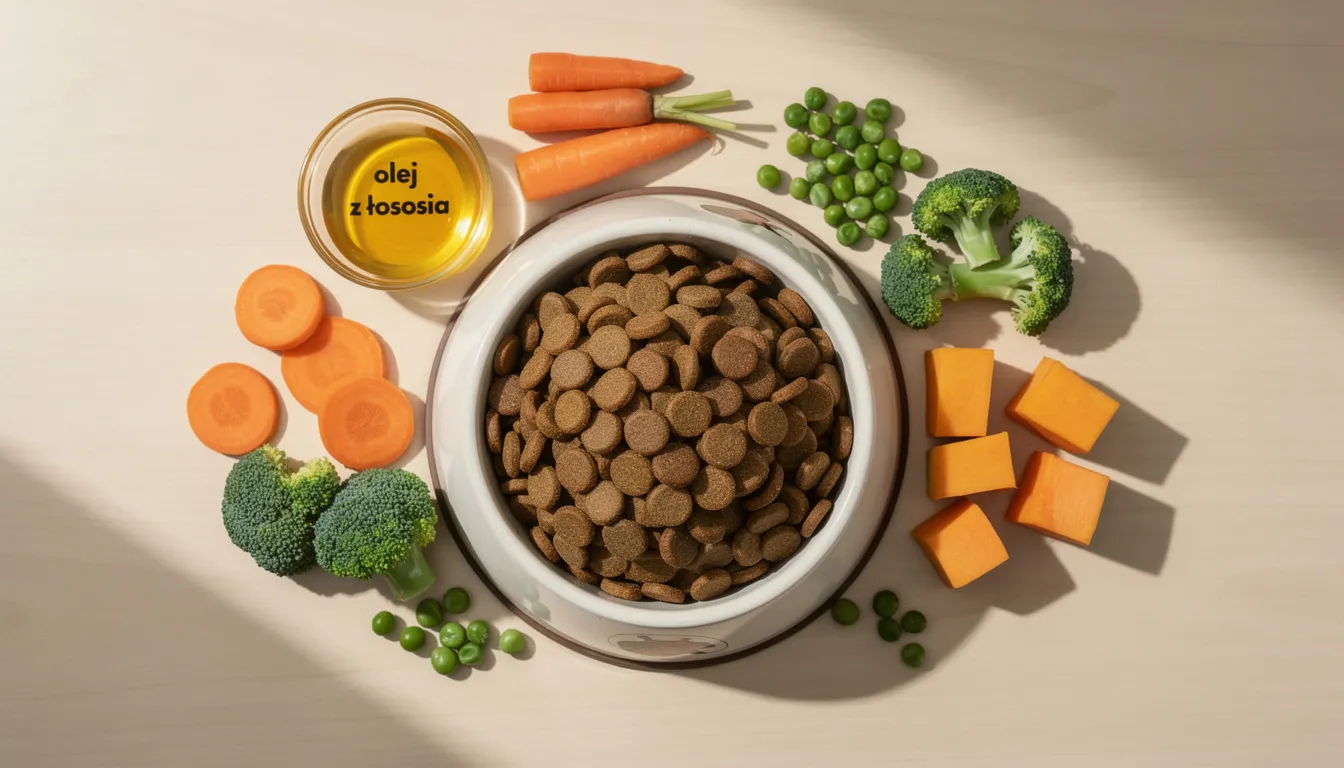 Na obrazku widać miskę z karmą dla psa, otoczoną dodatkami takimi jak olej z łososia oraz świeże warzywa. Te składniki mogą wspierać zdrowie skóry psa, pomagając w zapobieganiu problemom skórnym, takim jak hot spoty czy zapalenia skóry.