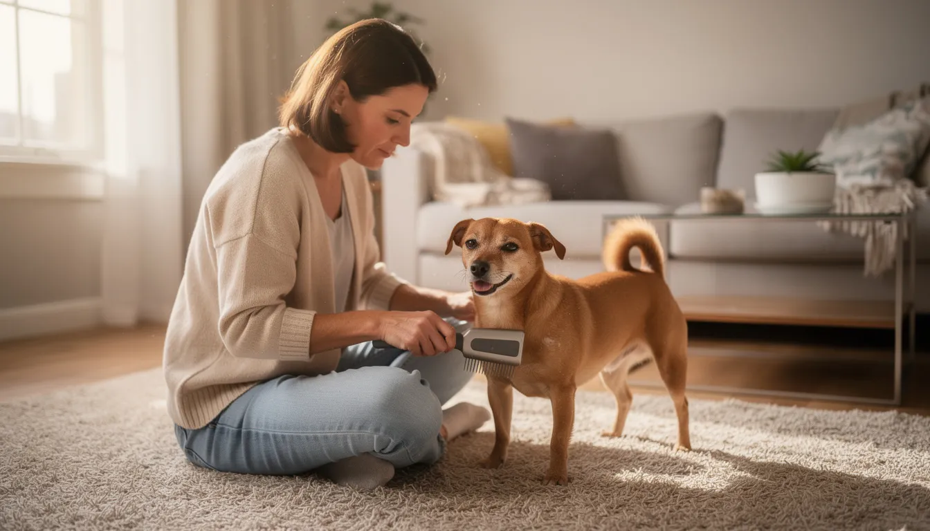Właściciel szczotkuje małego psa o krótkiej sierści w przytulnym domu, dbając o jego dobre samopoczucie i pielęgnację. To idealny moment, aby rozważyć adopcję psa, zwłaszcza małych ras, które są często najtańsze w utrzymaniu.
