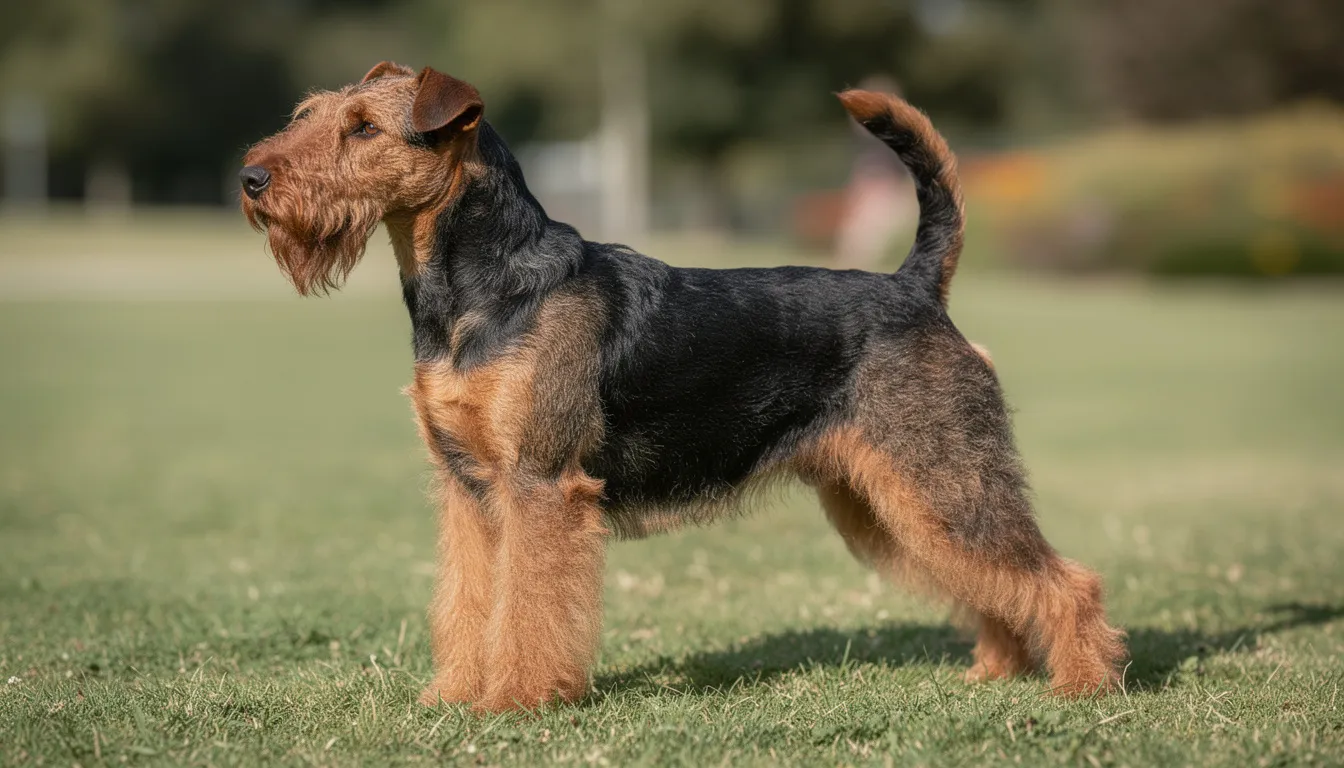 Na zdjęciu widoczny jest dorosły terier walijski, stojący w typowej postawie pokazowej na zielonym trawniku. Pies tej rasy, charakteryzujący się silnym temperamentem i wesołym usposobieniem, prezentuje swój atrakcyjny wygląd oraz obfity podszerstek.
