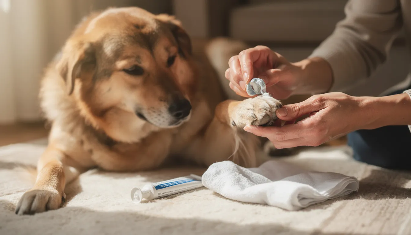 Na zdjęciu właściciel nakłada maść na łapę psa, starając się złagodzić objawy zapalenia skóry. W tle widoczne są zmiany skórne, co może sugerować stan zapalny związany z alergiami lub chorobami skóry.