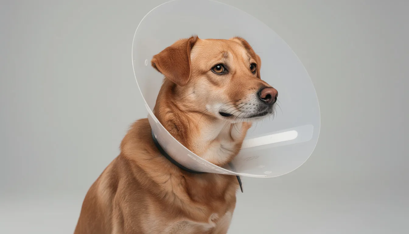 Na zdjęciu widoczny jest pies noszący przezroczysty kołnierz ochronny typu elżbietańskiego, który ma na celu zapobieganie dalszemu drapaniu i intensywnemu swędzeniu spowodowanemu problemami skórnymi, takimi jak hot spoty. Pies wygląda na zmartwionego, co sugeruje, że odczuwa dyskomfort związany z objawami zapalenia skóry.