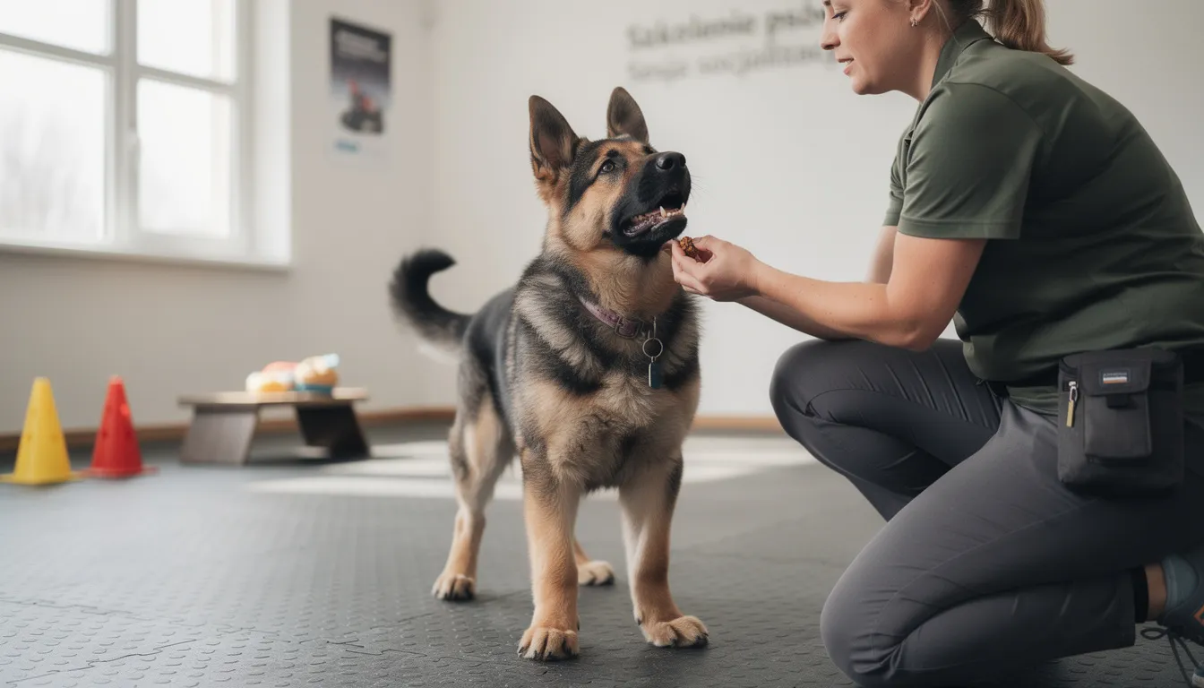 Na zdjęciu widoczny jest szczeniak dużej rasy, uczestniczący w sesji socjalizacyjnej z trenerem. Pies, który może być uznawany za przedstawiciela rasy z silnym instynktem obronnym, uczy się odpowiednich zachowań w towarzystwie ludzi i innych zwierząt.