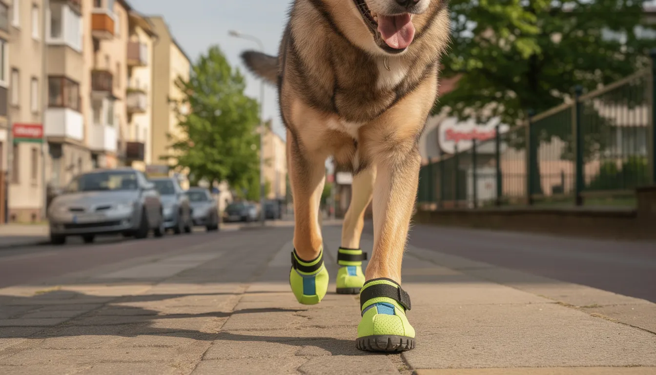 Na chodniku spaceruje pies w ochronnych butach, które chronią jego łapy przed zimnem i drobnymi kamykami. Dzięki tym akcesoriom, jego psie łapki są bezpieczne i komfortowe podczas długich spacerów na świeżym powietrzu.