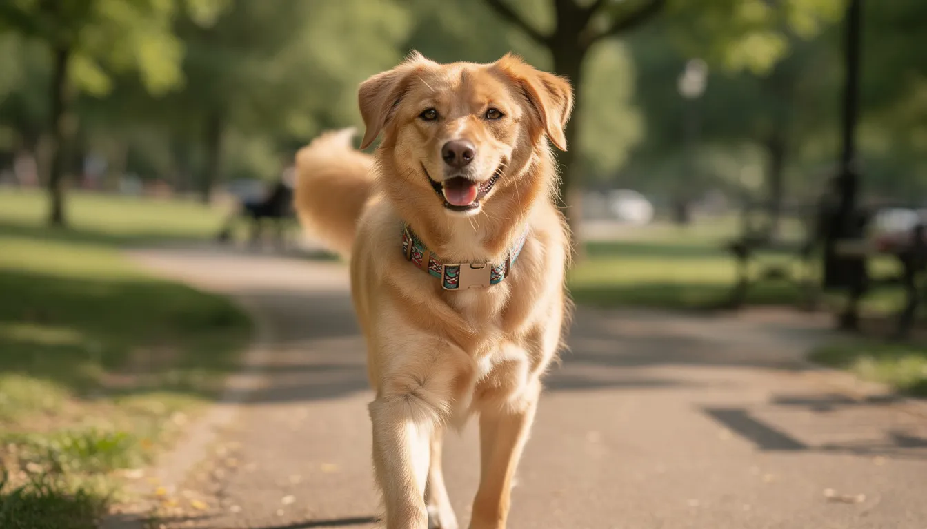 Na zdjęciu widoczny jest pies w eleganckiej, kolorowej obroży, który spaceruje po parku. Obroża podkreśla unikalne wzornictwo i komfort, zapewniając jednocześnie bezpieczeństwo twojego pupila podczas spacerów.