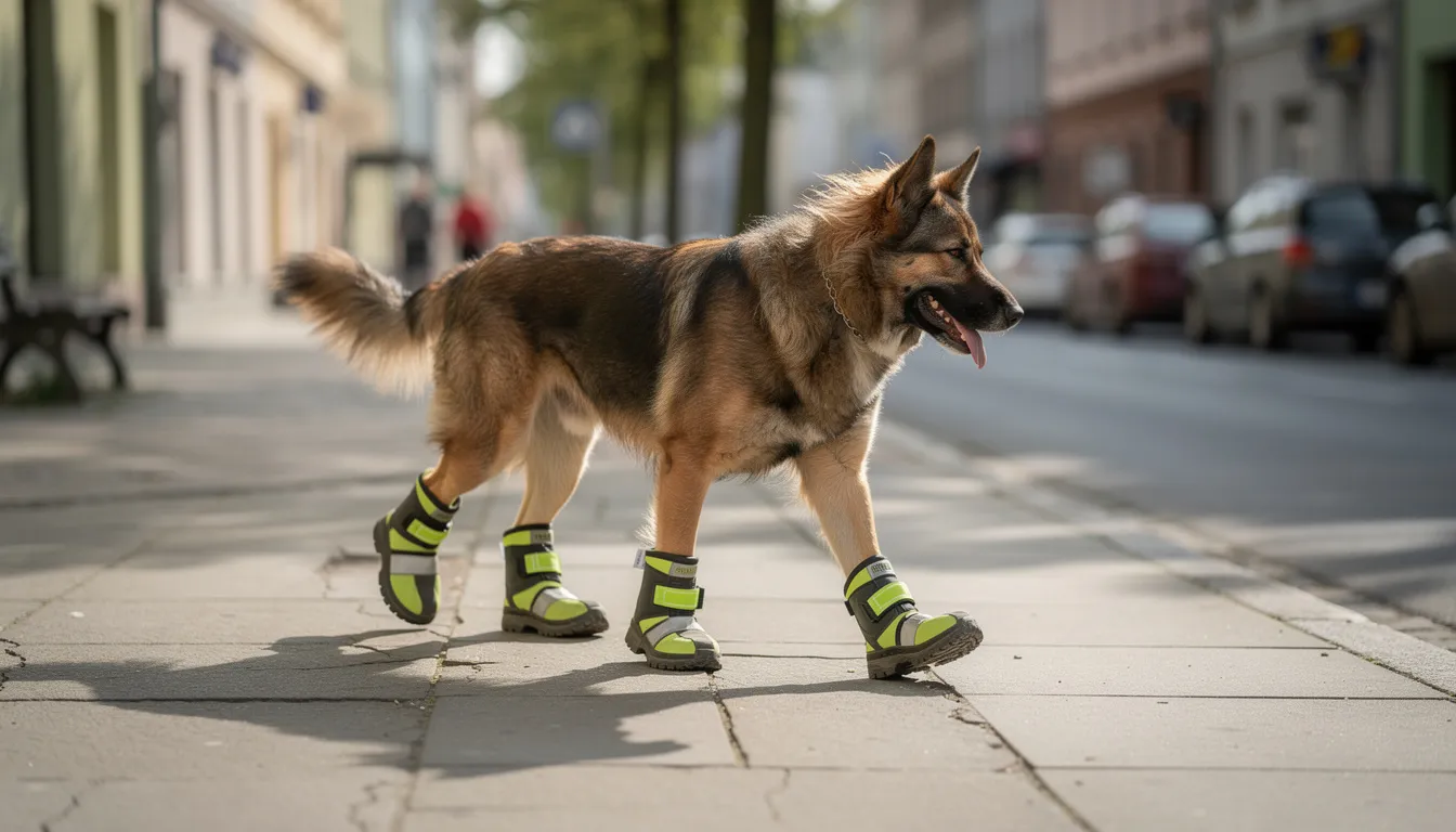 Pies spacerujący po chodniku w ochronnych butach, co może być związane z problemami zdrowotnymi, takimi jak zapalenie skóry podeszwy czy choroby opuszek u psa. Buty chronią jego łapy przed urazami i stanami zapalnymi, które mogą wystąpić w przestrzeniach międzypalcowych.