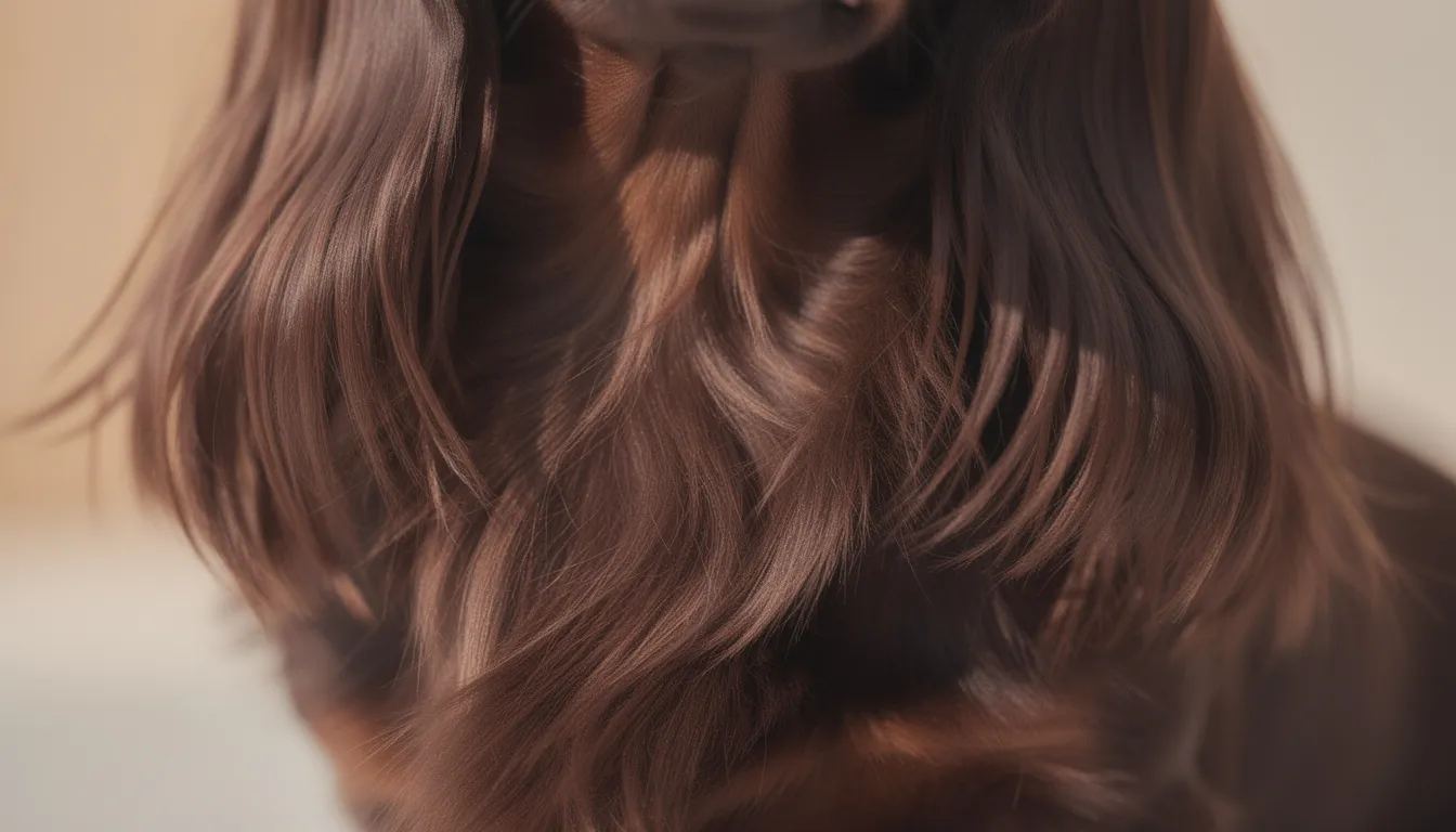 Zbliżenie na długą, jedwabistą sierść jamnika króliczego w kolorze czekoladowym, z wyraźnie widocznymi uszami, podkreślającymi urok tego niewielkiego psa. Sierść jest gładka i lśniąca, co świadczy o starannej pielęgnacji zwierzaka.