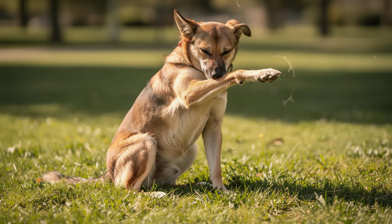 Na trawniku widać psa intensywnie drapiącego się za uchem, co może być objawem intensywnego swędzenia związanym z chorobą skóry, taką jak świerzb. Warto obserwować zachowanie psa i sprawdzić skórę, aby w razie potrzeby skonsultować się z lekarzem weterynarii w celu odpowiedniego leczenia.