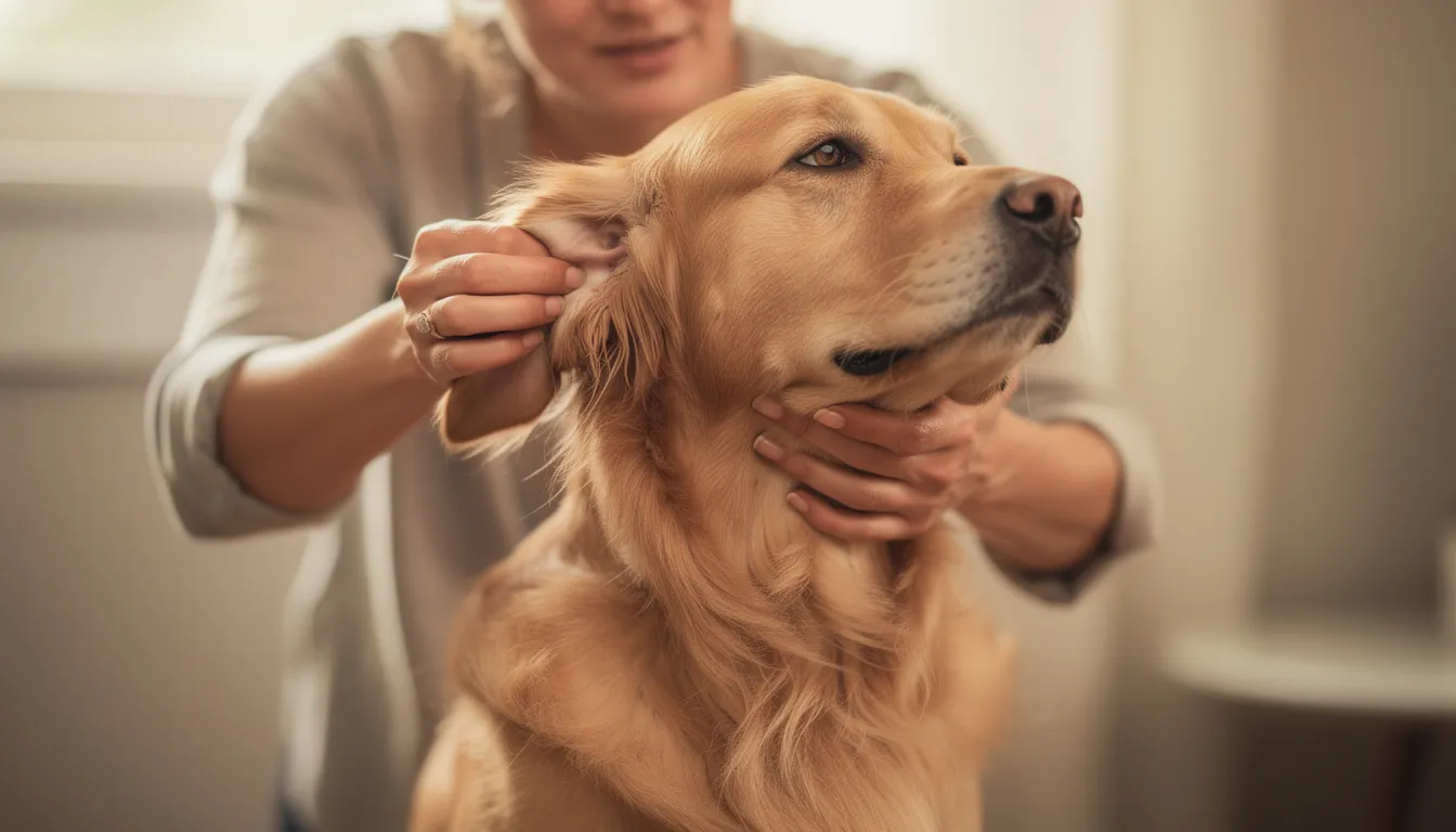 Właściciel delikatnie sprawdza uszy swojego psa rasy golden retriever, zwracając uwagę na ich stan oraz ewentualne niepokojące objawy, takie jak gorące uszy czy wydzielina uszna. Ciepłe uszy u psa mogą sugerować problemy zdrowotne, dlatego ważne jest regularne monitorowanie ich stanu.