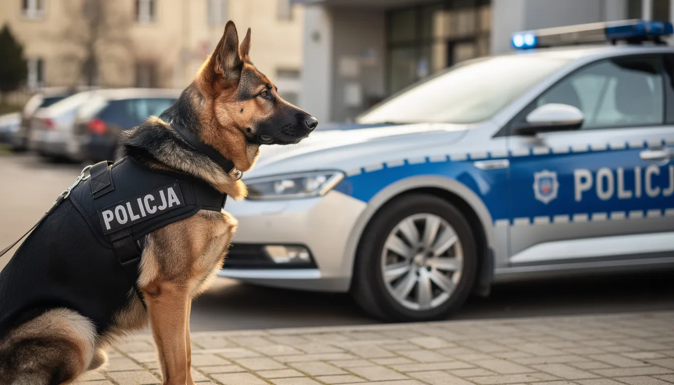 Na zdjęciu widoczny jest owczarek niemiecki w kamizelce służbowej, stojący obok radiowozu policyjnego. Pies służbowy, wyszkolony do działań w policji, emanuje pewnością i gotowością do wykonywania zadań, co podkreśla jego profesjonalny wygląd.