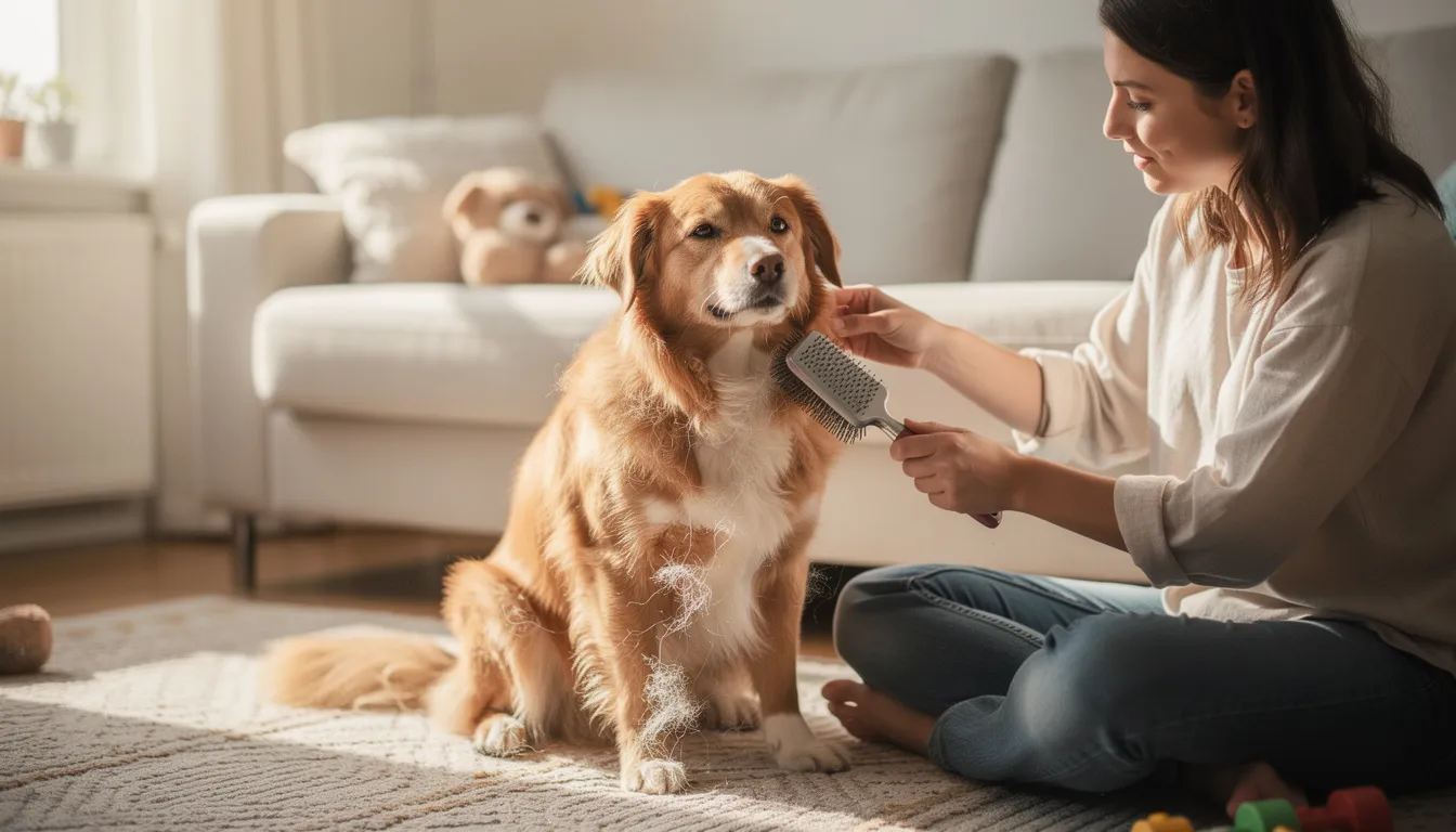 Na obrazku widoczny jest pies, który jest pielęgnowany i szczotkowany przez swojego właściciela. Właściciel dba o zdrowie swojego czworonożnego przyjaciela, co jest istotne w kontekście zapobiegania chorobom skóry, takim jak ropne zapalenie, które może być wywołane przez bakterie gronkowca.