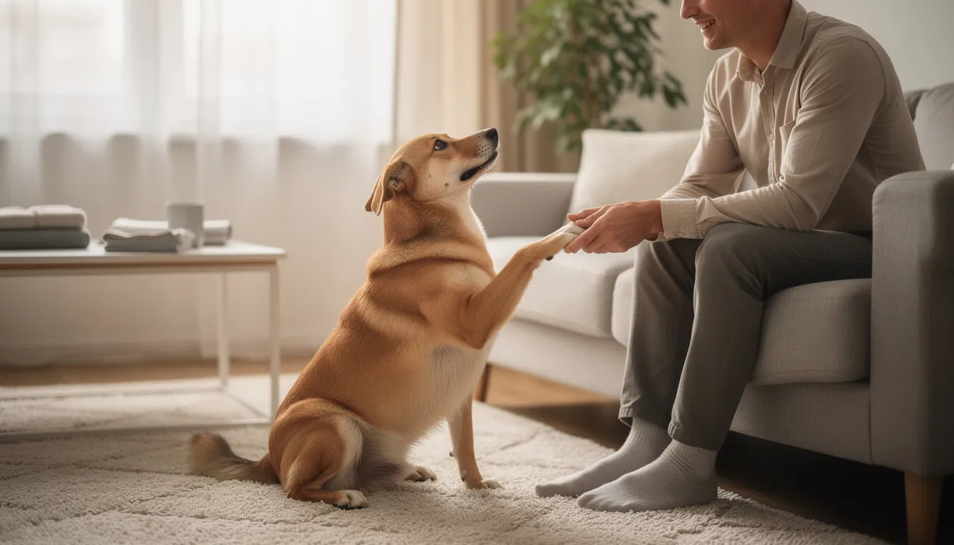 Na obrazku widać psa, który podaje łapę swojemu opiekunowi w przytulnym salonie. Pies zrozumiał komendę "daj łapę" i jest gotowy na nagrodzenie smakołykiem za udane wykonanie polecenia.