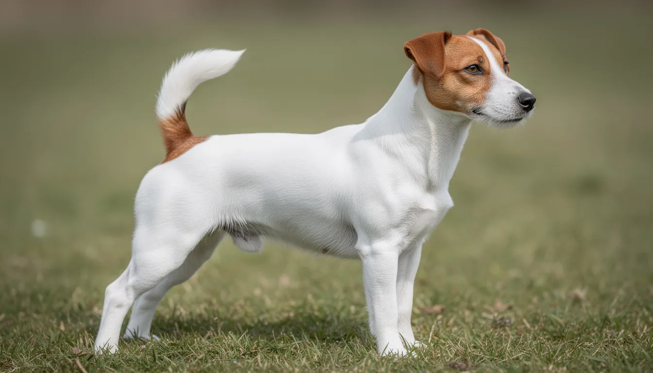Na obrazku widoczny jest Parson Russell Terrier stojący w typowej dla teriera postawie, z uniesionym ogonem i czujnym wyrazem pyska, co podkreśla jego odważny charakter i instynkt łowiecki. Pies ma szorstką, całkowicie białą sierść, co jest charakterystyczne dla tej rasy, a jego postura świadczy o dobrej kondycji fizycznej.