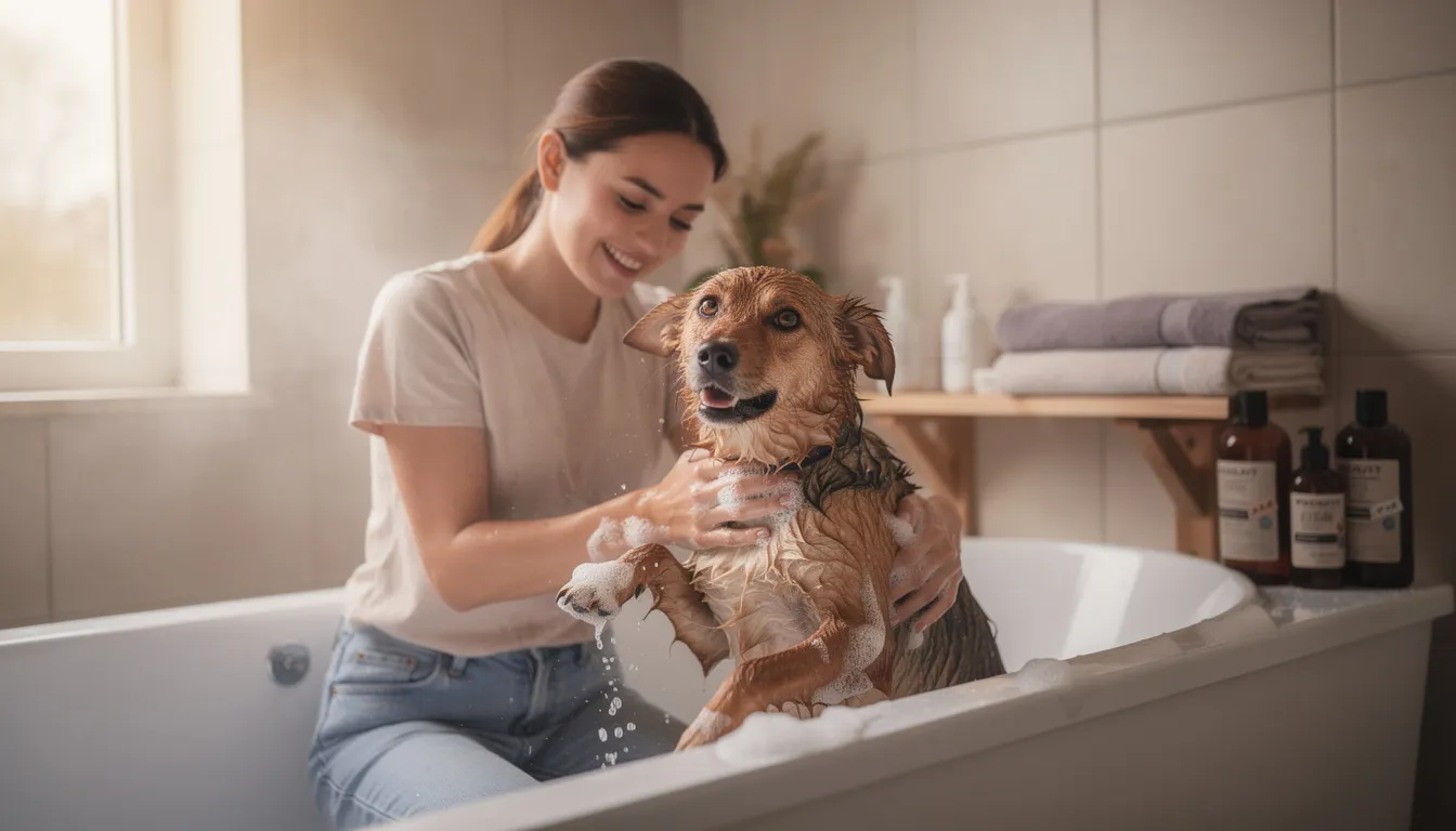 Na zdjęciu widać właściciela kąpiącego psa w wannie. Pies, prawdopodobnie rasy labrador retriever, jest delikatnie myty, co może być szczególnie ważne w przypadku atopowego zapalenia skóry, aby utrzymać zdrowie skóry i zmniejszyć objawy stanu zapalnego.