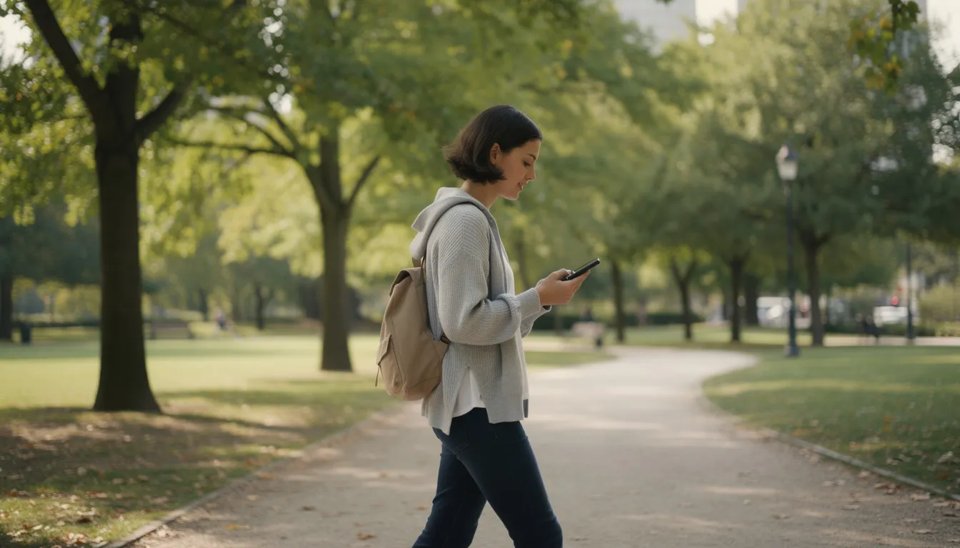 Osoba spacerująca w parku trzyma w dłoni niewielkie urządzenie, które może być ultradźwiękowym odstraszaczem psów, pomagającym w odstraszaniu bezpańskich psów i innych dzikich zwierząt. W tle widać drzewa oraz ścieżkę, co tworzy spokojną atmosferę świeżego powietrza.