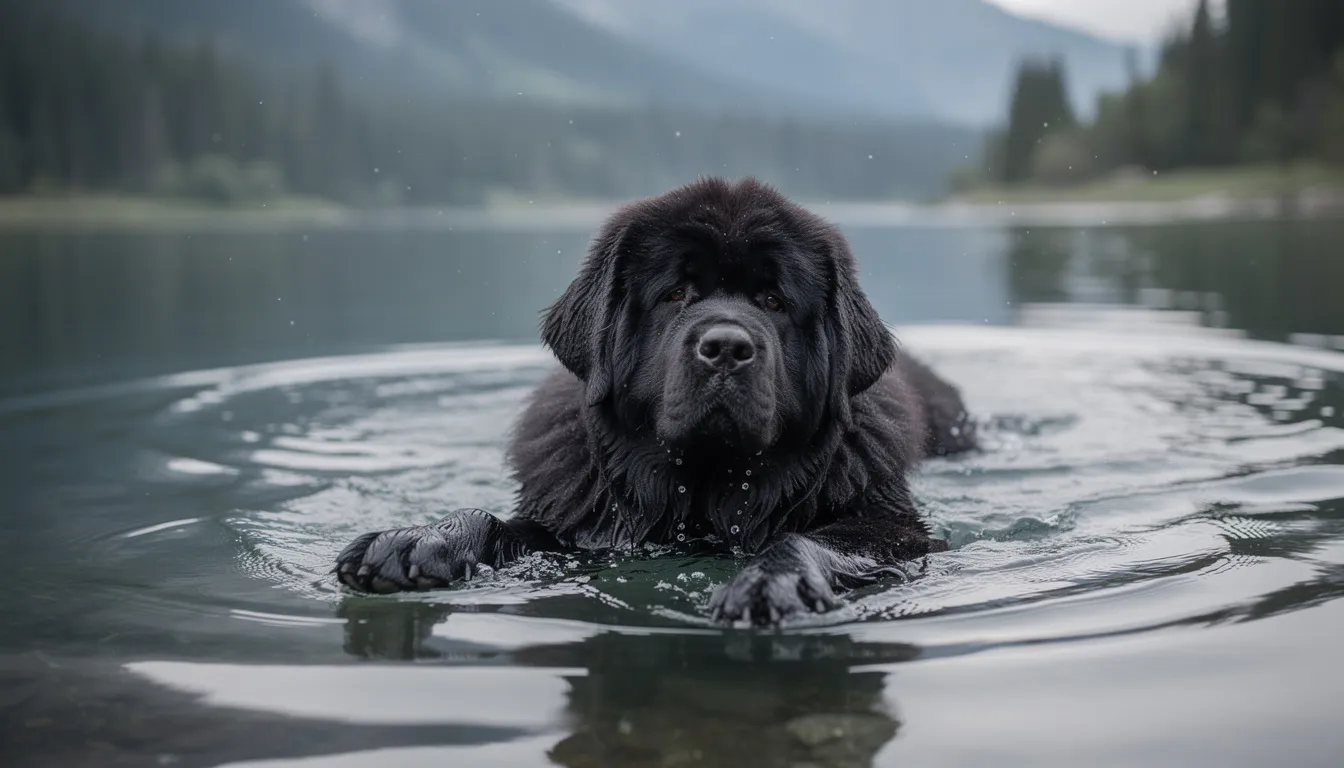 Na zdjęciu widać nowofundlanda pływającego w jeziorze, co podkreśla jego naturalne zdolności wodne. Pies rasy nowofundland, znany z gęstej sierści i spokojnego charakteru, cieszy się wodnym środowiskiem, które jest dla niego idealne do aktywności.