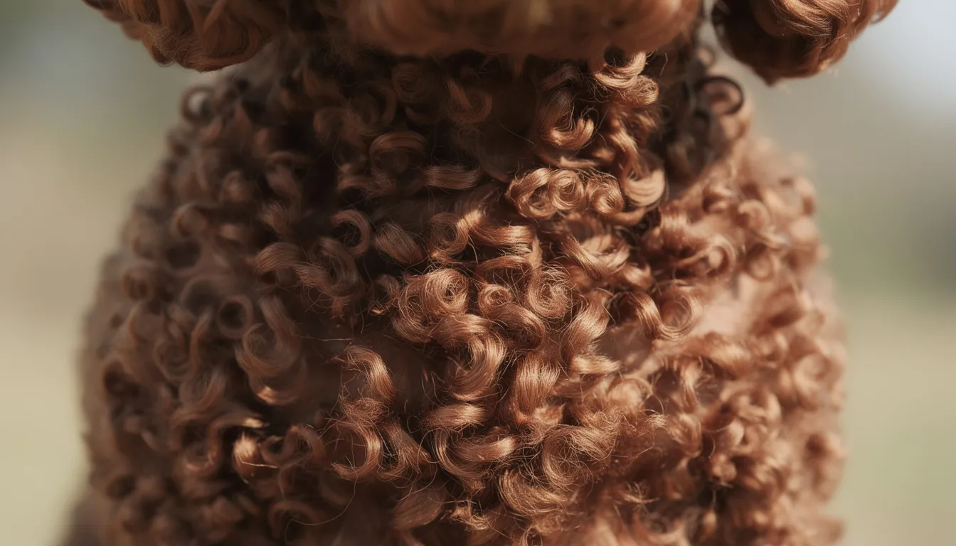 Zbliżenie na brązową, kręconą sierść psa rasy lagotto romagnolo, która charakteryzuje się kędzierzawą teksturą. Sierść tego średniej wielkości psa wymaga regularnej pielęgnacji, aby zachować jej zdrowie i estetykę.