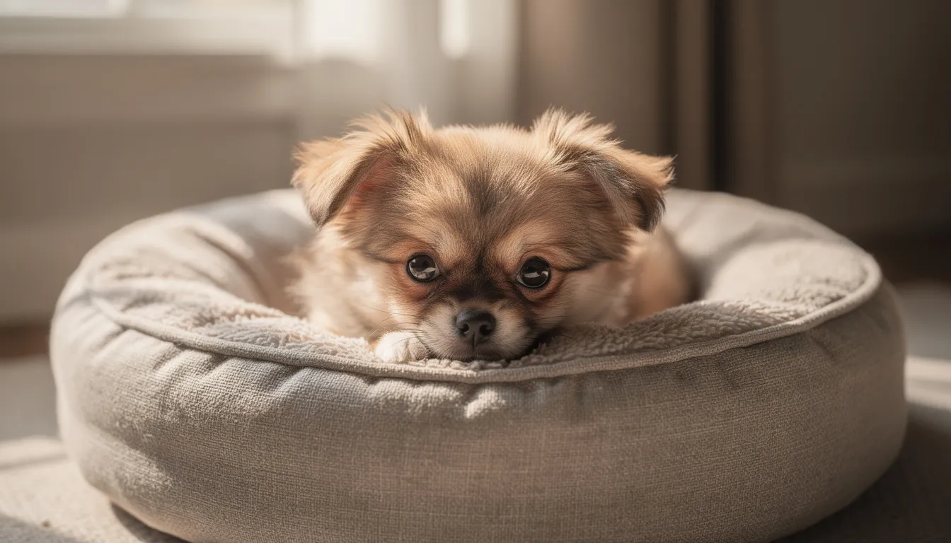 Na zdjęciu widoczny jest mały szczeniak leżący w swoim legowisku, z podkulonym ogonem, co może sugerować jego smutny nastrój. Pies wydaje się być osowiały i potrzebuje czasu, aby poczuć się bezpiecznie w nowym domu.