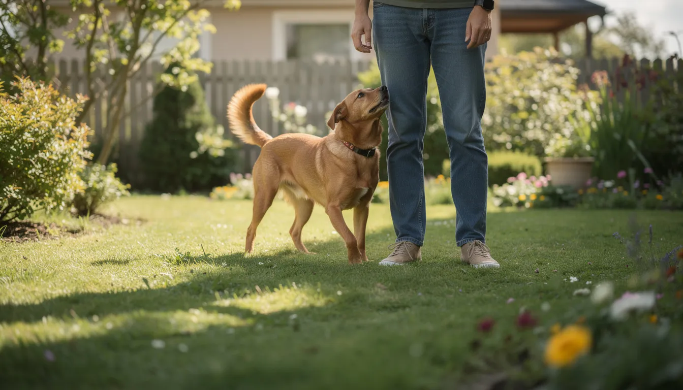 Pies bawi się w ogrodzie, węszy przy nogach swojego właściciela, a czasami liże go, co jest naturalnym zachowaniem wyrażającym sympatię i przywiązanie. Jego radosne zachowanie i czworonożne całusy sprawiają, że chwile spędzone razem są pełne miłości i radości.