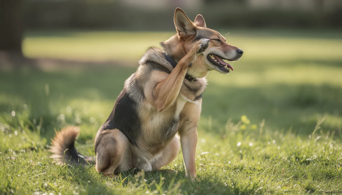 Na trawniku widać psa, który energicznie drapie się za uchem, co może sugerować swędzenie skóry. Intensywne drapanie może być objawem alergii pokarmowej lub obecności pasożytów skórnych, co wymaga konsultacji z lekarzem weterynarii.