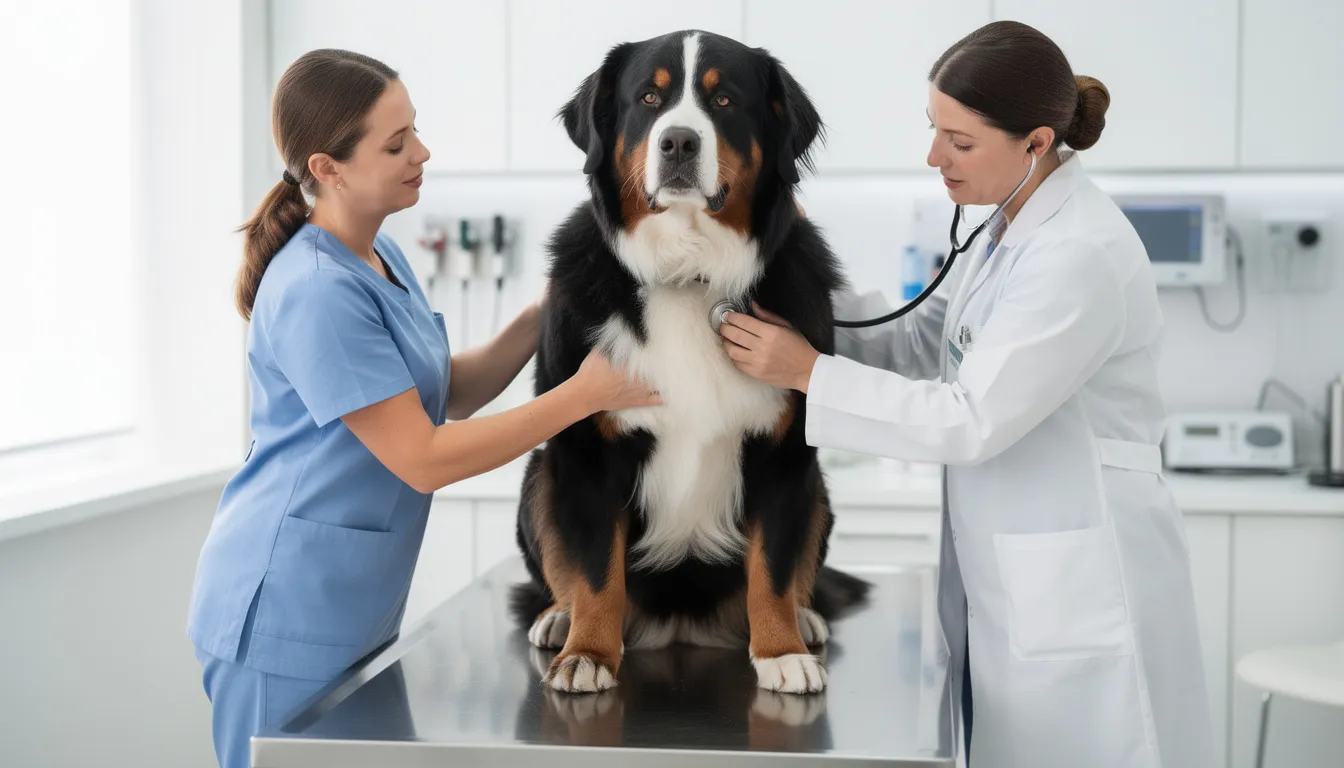 Na zdjęciu widoczny jest berneński pies pasterski podczas badania weterynaryjnego, leżący na stole. Weterynarz ocenia stan zdrowia psa, który może być podejrzewany o mięsak histiocytarny, co wymaga dalszej diagnostyki, takiej jak biopsja cienkoigłowa czy badania obrazowe.