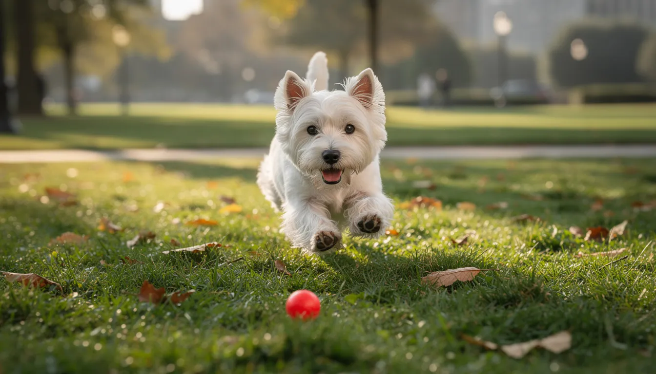 Na zdjęciu widać wesołego west highland white terriera, który biega przez park, z piłką w pysku. Jego śnieżnobiała sierść lśni w słońcu, a w tle widać zielone drzewa i trawę, co tworzy radosną atmosferę zabawy.