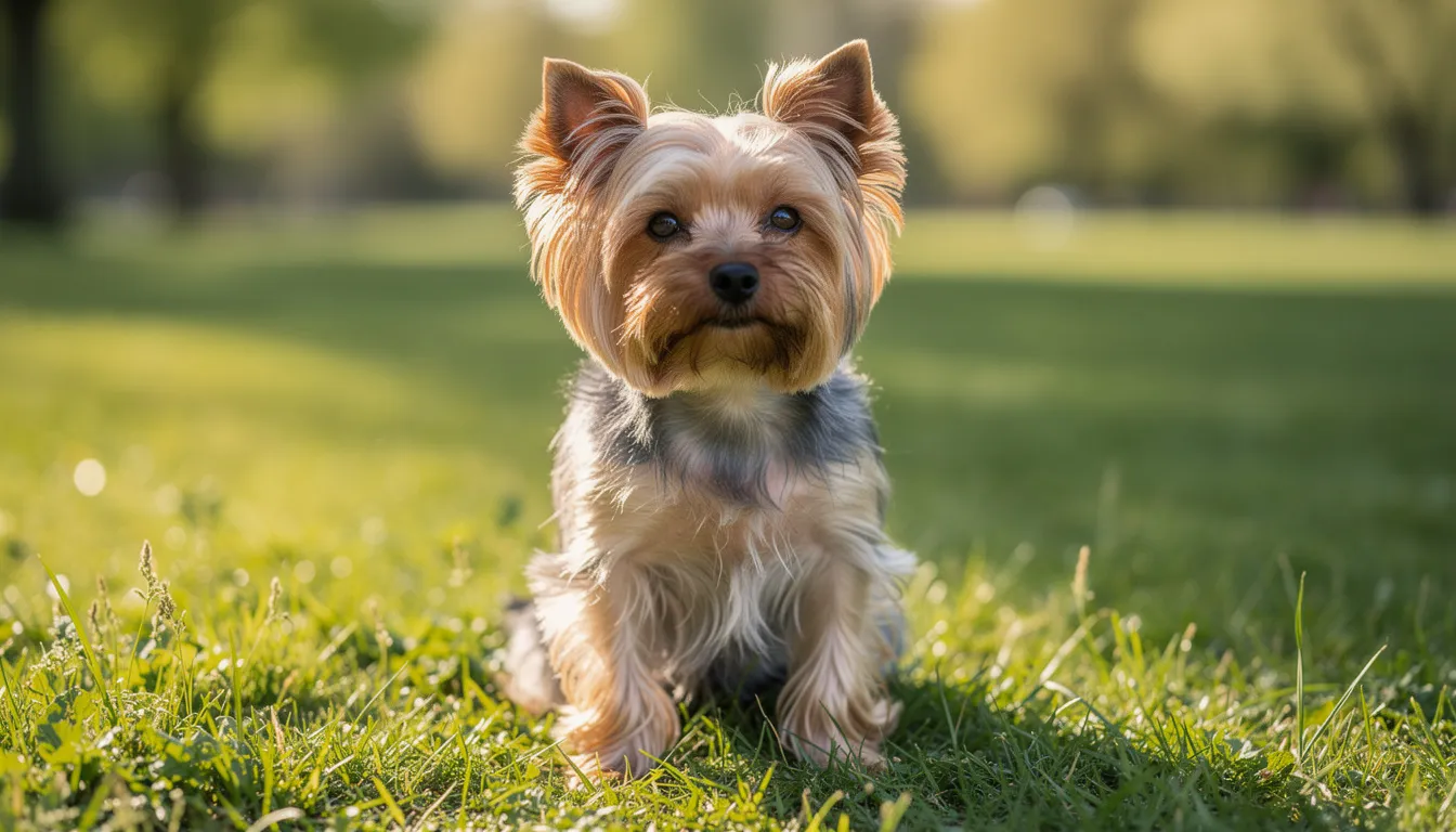 Na zdjęciu widoczny jest mały pies rasy yorkshire terrier, siedzący na zielonej trawie w słoneczny dzień. Pies wygląda na radosnego i zdrowego, co sugeruje, że cieszy się komfortem życia na świeżym powietrzu.