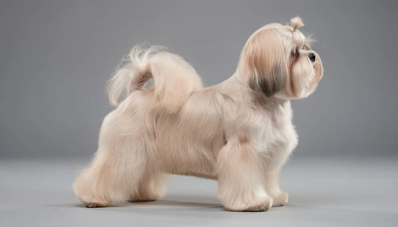 Na obrazku widać dorosłego hawańczyka o kremowej sierści, który stoi w typowej postawie wystawowej. Piesek prezentuje się elegancko, z miękkim włosem i pewnym wyrazem, co podkreśla jego charakter jako członka rodziny bichon.