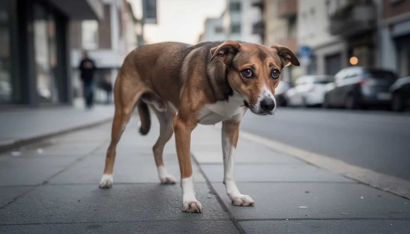 Pies z podkulonym ogonem i przyłożonymi uszami stoi na chodniku miejskim, wyraźnie napięty i zaniepokojony, co może wskazywać na agresję lękową. Jego zachowanie sugeruje poczucie zagrożenia i reakcje lękowe na bodźce otoczenia.