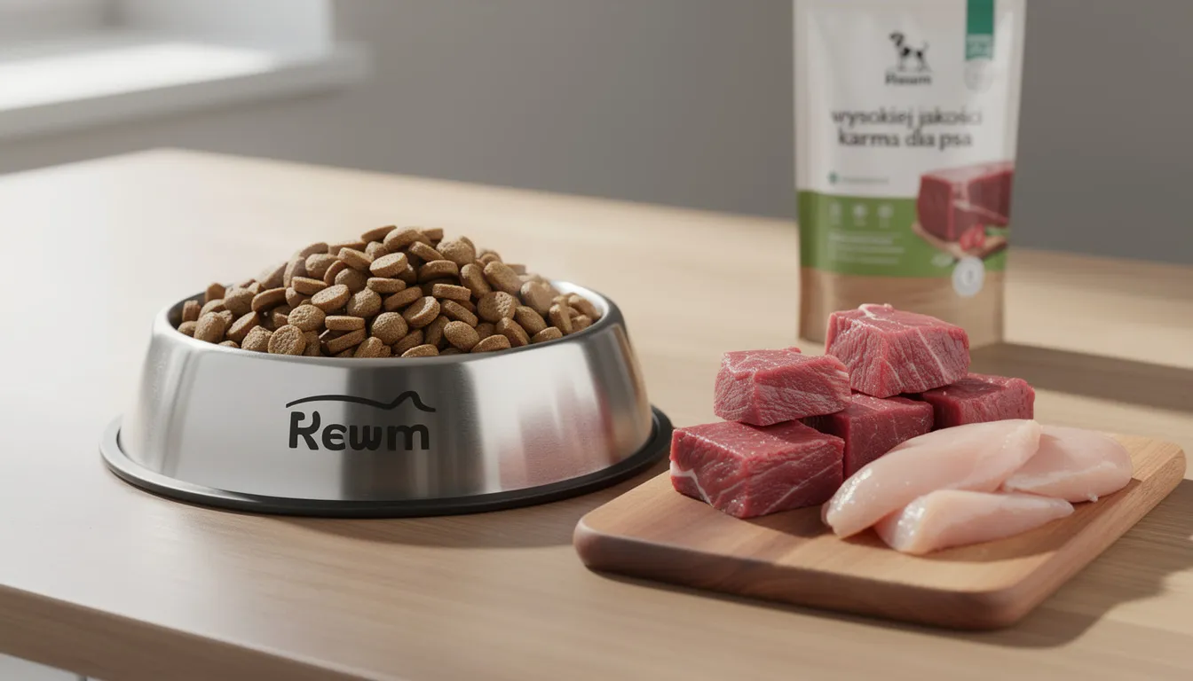 Na obrazku znajduje się miska z wysokiej jakości karmą dla psa, umieszczona obok świeżych kawałków mięsa. W tle można wyczuć atmosferę, która sugeruje, że jest to idealne miejsce dla psa rasy akita, który potrzebuje odpowiedniej diety dla zachowania dobrego zdrowia.