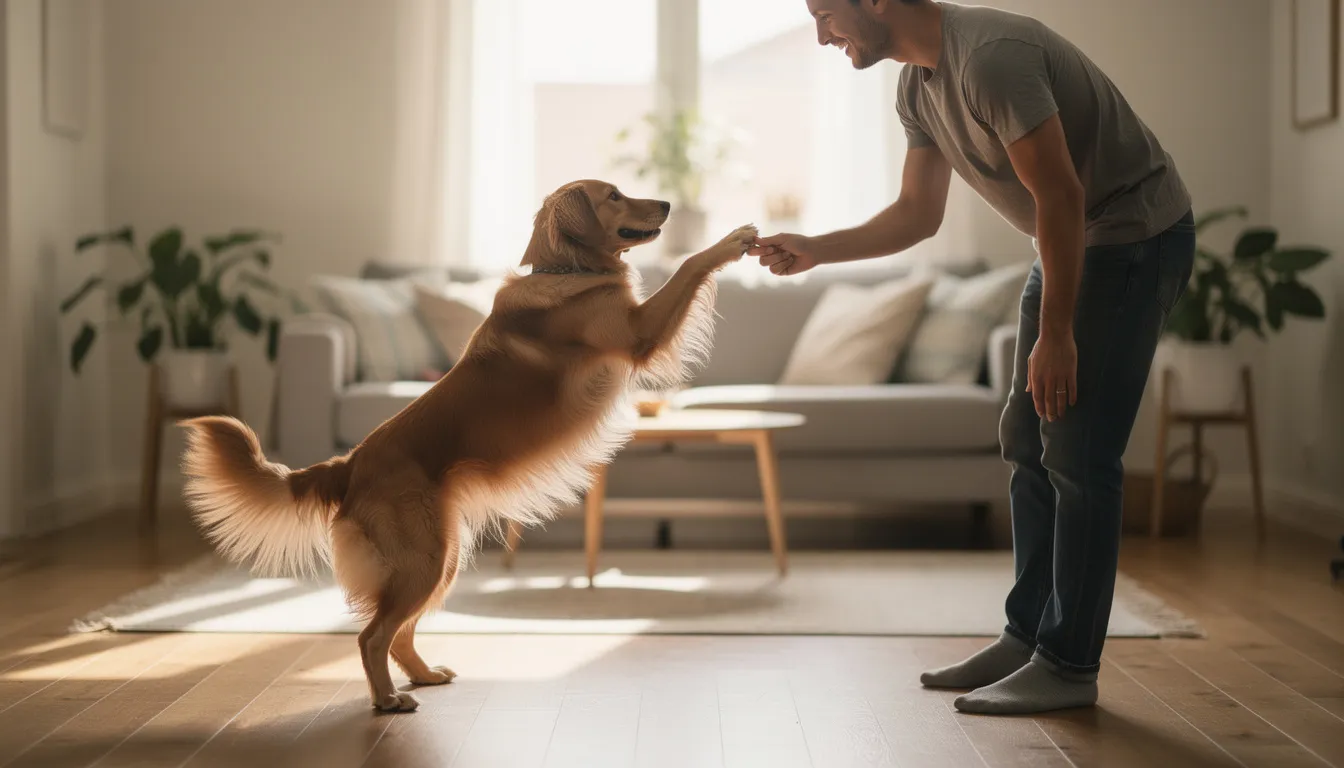 Na obrazku widać psa, który przybija piątkę z właścicielem, co jest efektem nauki komendy "daj łapę". Pies z radością rusza łapą, a w tle można dostrzec smakołyki, które mogą być użyte do nagradzania pupila podczas sesji treningowych.
