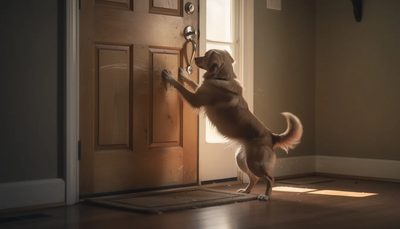 Pies drapie łapami drewniane drzwi wejściowe, co może być objawem lęku separacyjnego u psa, wywołanego nieobecnością opiekuna. To zachowanie często prowadzi do niszczenia przedmiotów i może wskazywać na silny stres oraz problemy behawioralne.