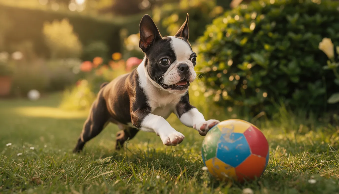 Na zdjęciu widać szczenię boston terriera, które radośnie bawi się piłką w ogrodzie. Ma krótką sierść i energicznie skacze, pokazując swój elegancki wygląd oraz wesołą naturę, typową dla tej rasy.