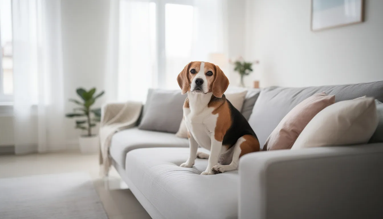 Na zdjęciu widoczny jest beagle siedzący na kanapie w czystym i zadbanym mieszkaniu. Pies tej rasy, znany z przyjaznego usposobienia, ma zwisające uszy i charakterystyczną sierść, która wymaga regularnej pielęgnacji, aby uniknąć nieprzyjemnych zapachów.