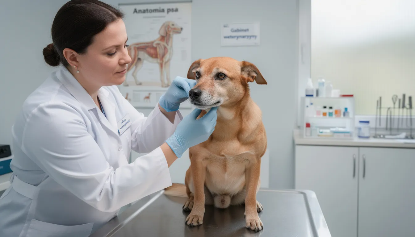 Weterynarz bada psa w gabinecie, delikatnie oglądając jego nos, co może pomóc w identyfikacji objawów kataru, takich jak wodnisty katar czy zatkany nos. Specjalista zwraca uwagę na ewentualne niepokojące symptomy, które mogą wskazywać na infekcje górnych dróg oddechowych lub inne problemy zdrowotne.