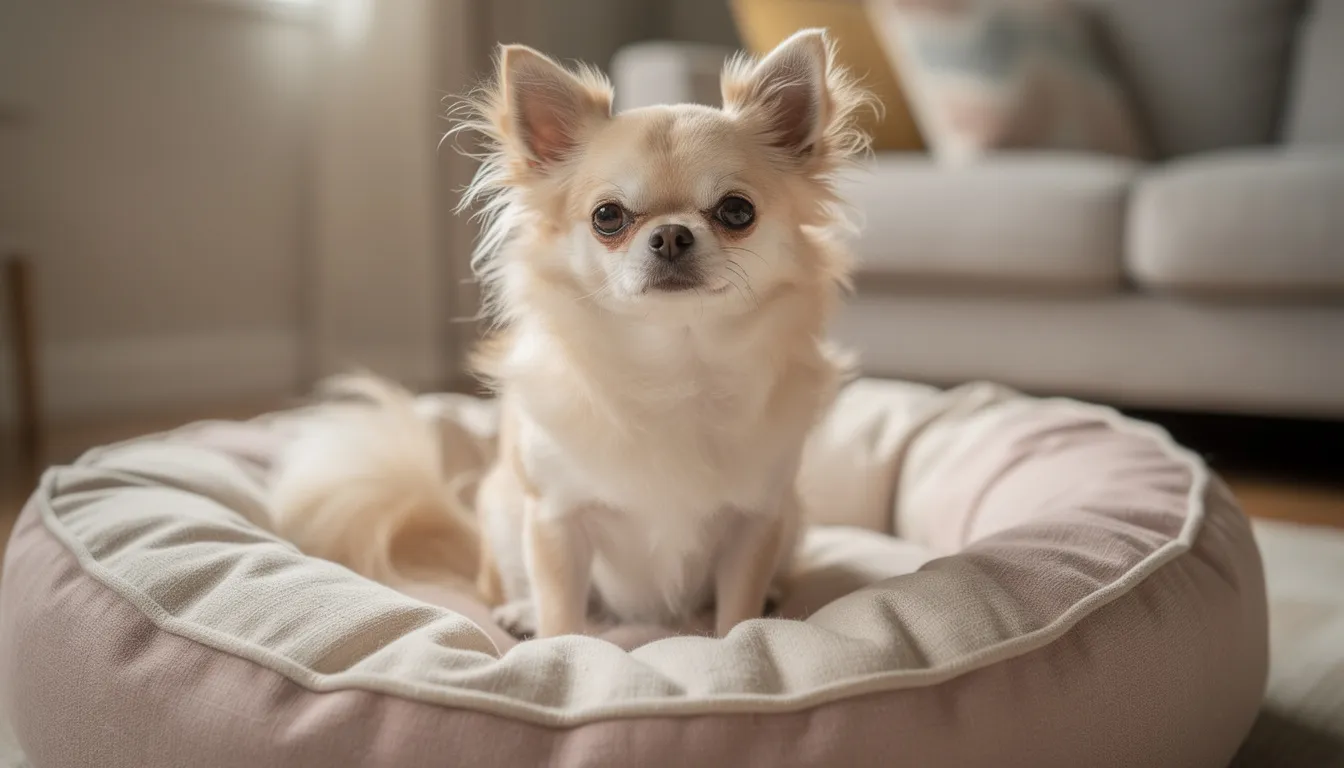 Na miękkim legowisku siedzi mała chihuahua długowłosa o kremowej sierści, charakteryzująca się wyrazistymi oczami i lekko falistą sierścią. Ten uroczy piesek chihuahua jest idealnym towarzyszem, znanym ze swojego żywiołowego charakteru i niewielkiego rozmiaru.
