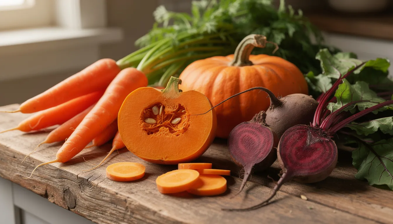 Na drewnianej desce kuchennej leżą świeże warzywa, w tym marchew, dynia i buraki, które są cennym źródłem składników odżywczych. Buraki, bogate w witaminy, mogą być podawane psu w niewielkich ilościach, jednak warto pamiętać o ich wpływie na organizm psa i skonsultować się z weterynarzem.