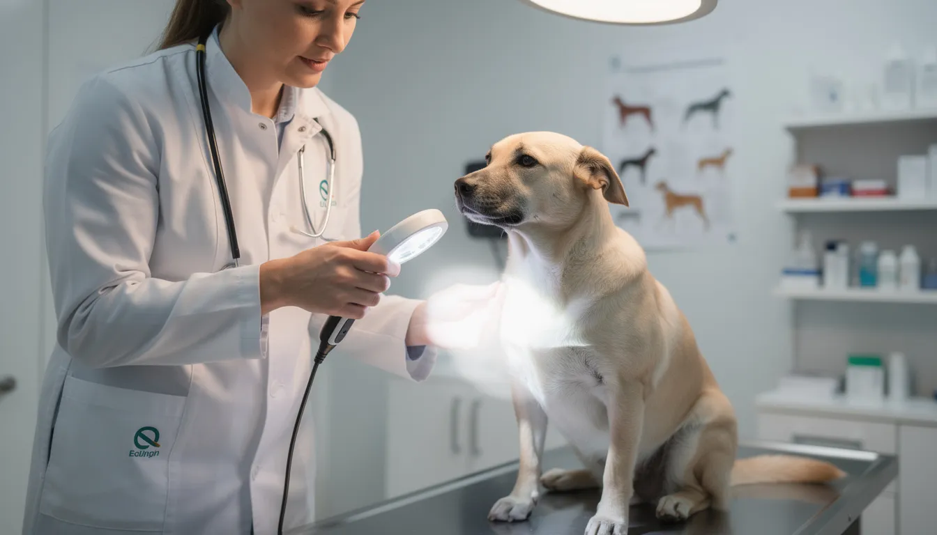 Weterynarz w białym fartuchu bada skórę psa za pomocą lampy diagnostycznej, zwracając uwagę na ewentualne zmiany skórne oraz objawy łupieżu, takie jak swędzenie skóry czy zaczerwienienie. Specjalista ocenia kondycję sierści psa, aby wykluczyć obecność pasożytów oraz zalecić odpowiednie leczenie łupieżu.
