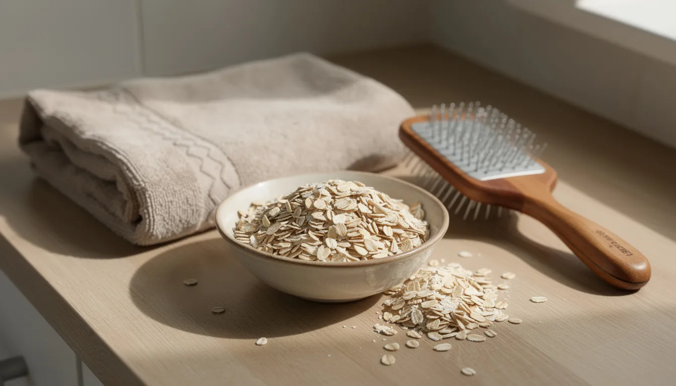 Na zdjęciu znajduje się miska z płatkami owsianymi, która leży obok ręcznika i szczotki do pielęgnacji psa. Płatki owsiane są często stosowane jako domowy sposób na swędzenie skóry psa, co może pomóc w złagodzeniu podrażnień i poprawie kondycji skóry.