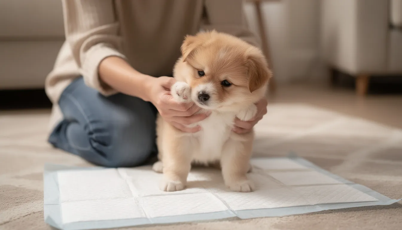 Właściciel delikatnie podnosi szczeniaka, aby przenieść go na matę higieniczną, ucząc go załatwiania się w odpowiednim miejscu. Scena ukazuje troskę o czystość w domu oraz naukę czystości młodego psa.