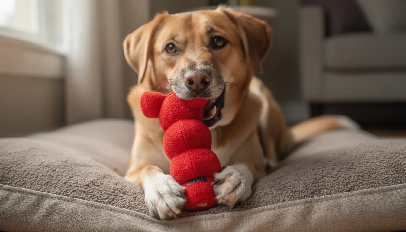 Na obrazku widać psa bawiącego się z wypełnionym kongiem na swoim legowisku. Jego radosne zachowanie może być pomocne w łagodzeniu objawów lęku separacyjnego u psa, zwłaszcza w sytuacjach, gdy zwierzę zostaje samo w domu.