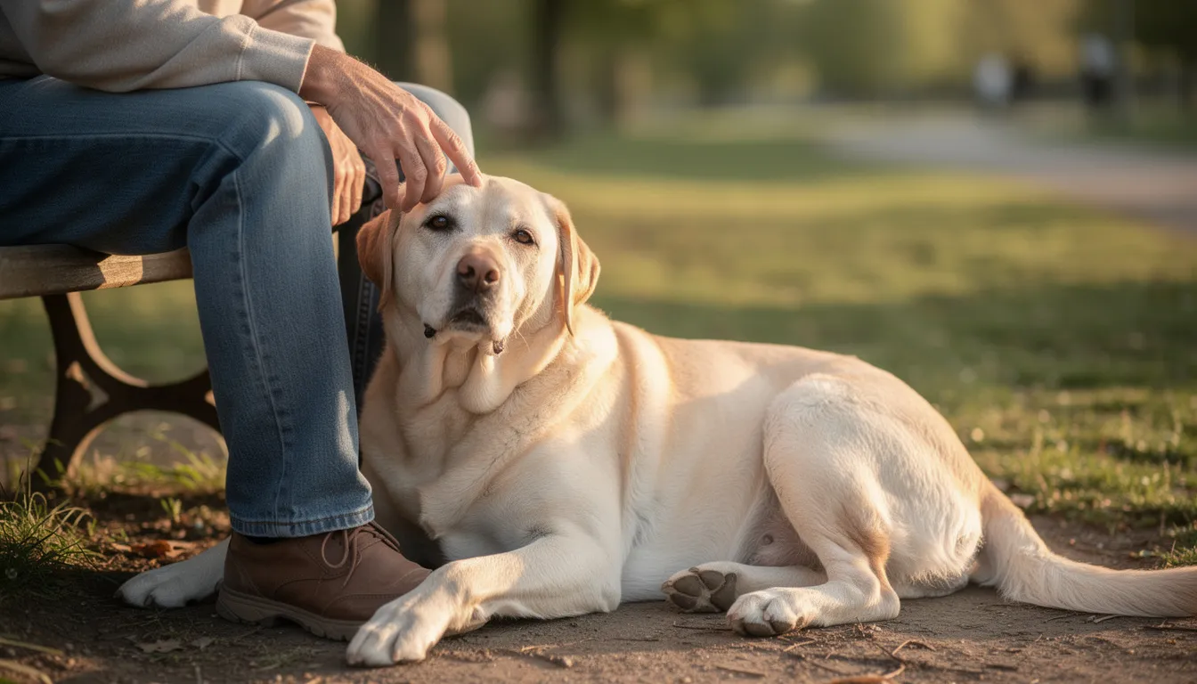 Na obrazku widać starszego psa rasy labrador, leżącego spokojnie obok swojego opiekuna. Pies może wykazywać objawy nowotworu, co może wymagać regularnych wizyt kontrolnych u lekarza weterynarii w celu oceny stanu zdrowia i ewentualnego leczenia.