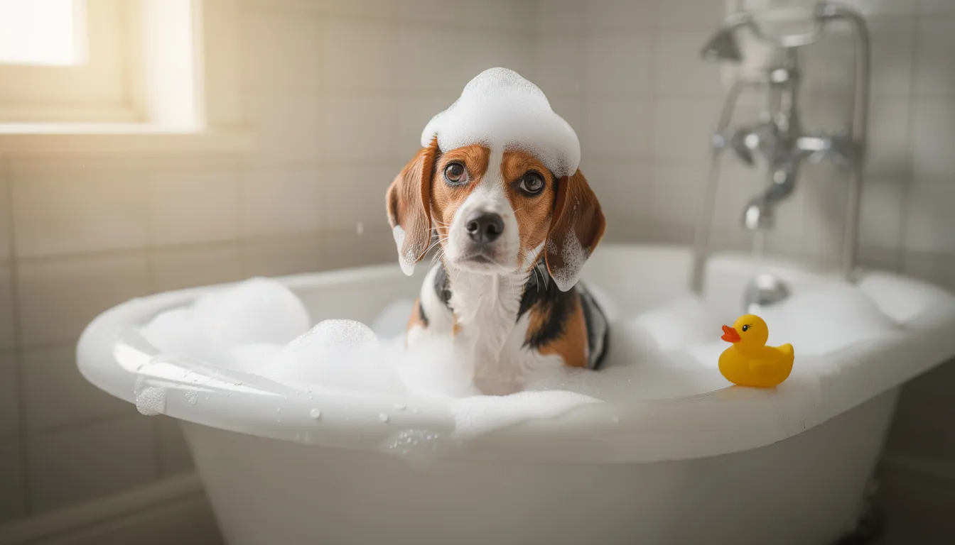 Na obrazku widzimy beagle'a podczas kąpieli w wannie wypełnionej pianą. Pies z radością pluska się w wodzie, a jego zwisające uszy są mokre, co podkreśla przyjemny moment dbania o higienę i regularne kąpiele, które pomagają uniknąć nieprzyjemnych zapachów.
