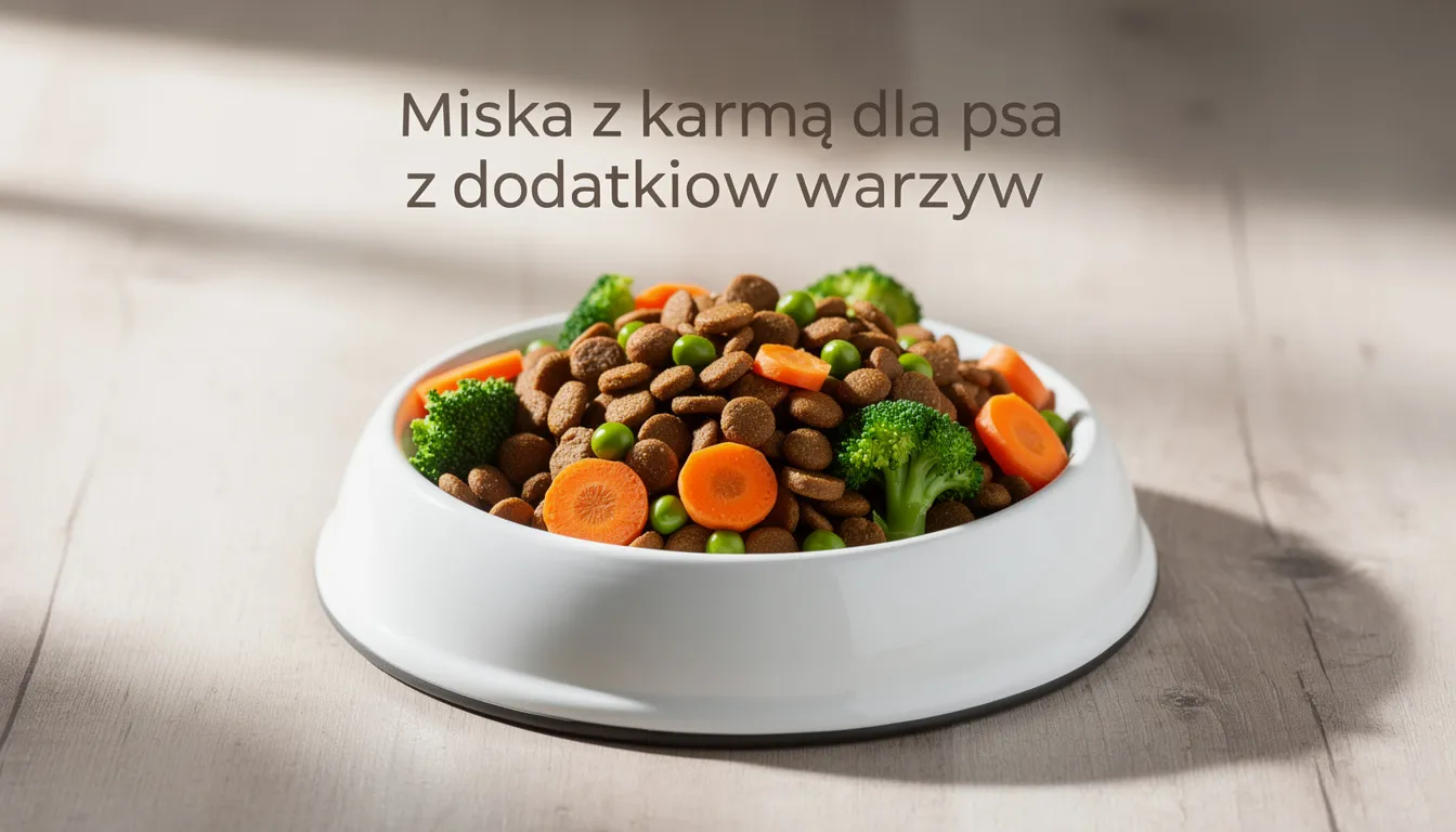 Na zdjęciu widoczna jest miska wypełniona karmą dla psa, wzbogaconą o różnorodne warzywa. Tego rodzaju dieta może wspierać zdrowie gruczołów okołoodbytowych u psa, co jest istotne dla zapobiegania problemom z zatkanymi gruczołami.