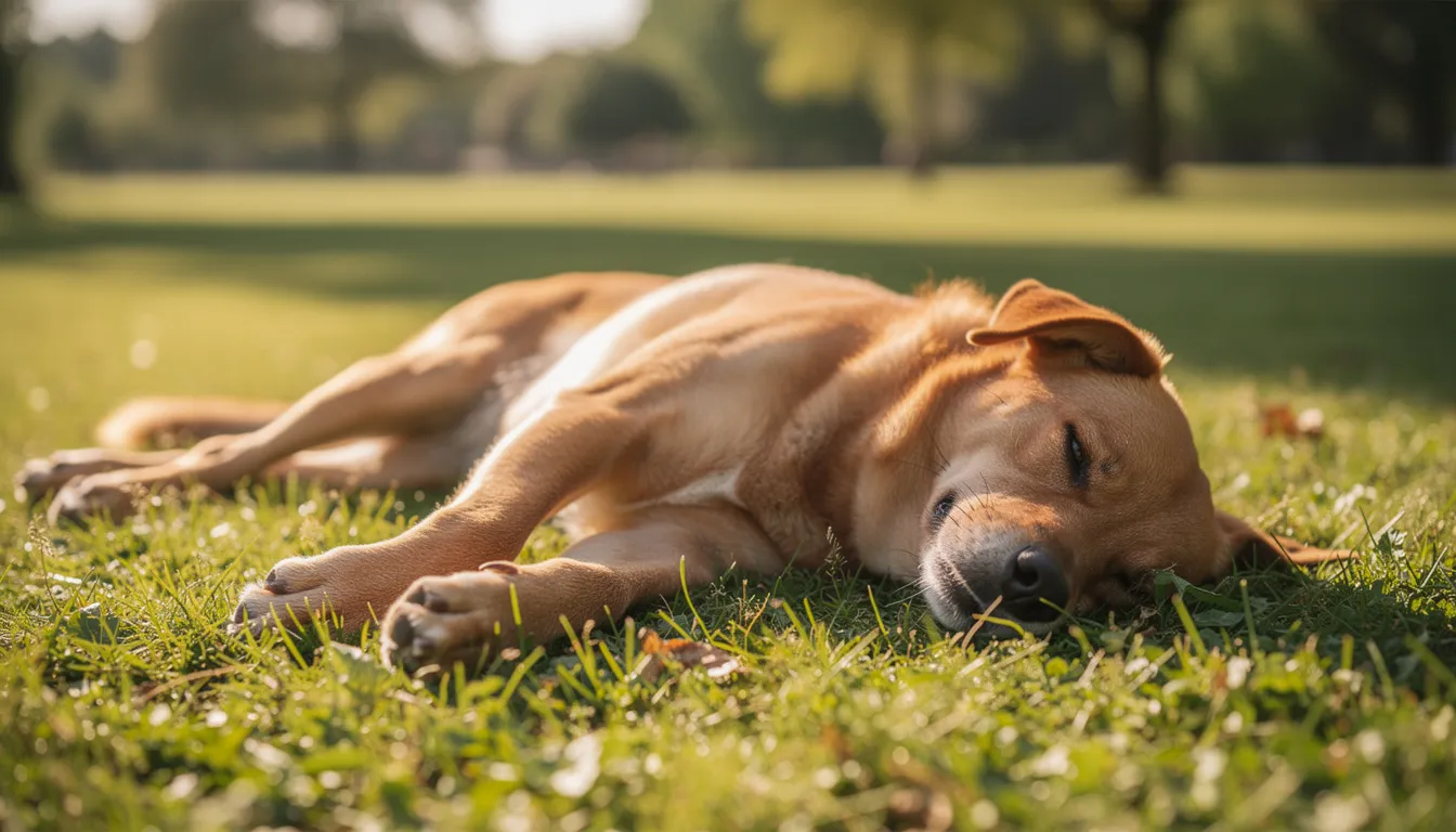 Pies leży na trawie, wydaje się być zrelaksowany i spokojny. W tle można dostrzec zielone źdźbła trawy, co może sugerować, że niektóre psy jedzą trawę jako naturalne zachowanie lub w celu złagodzenia problemów trawiennych.