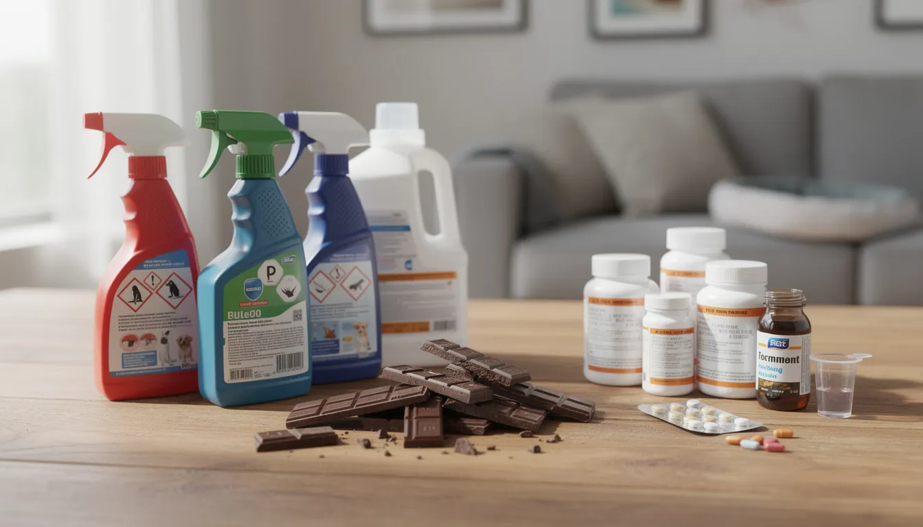 Na stole znajdują się niebezpieczne dla psów produkty domowe, takie jak czekolada, środki czystości i leki, które mogą prowadzić do zatrucia pokarmowego u psa. W przypadku zatrucia ważne jest, aby rozpoznać objawy, takie jak wymioty, drżenie mięśni czy utrata apetytu, i niezwłocznie skontaktować się z lekarzem weterynarii.