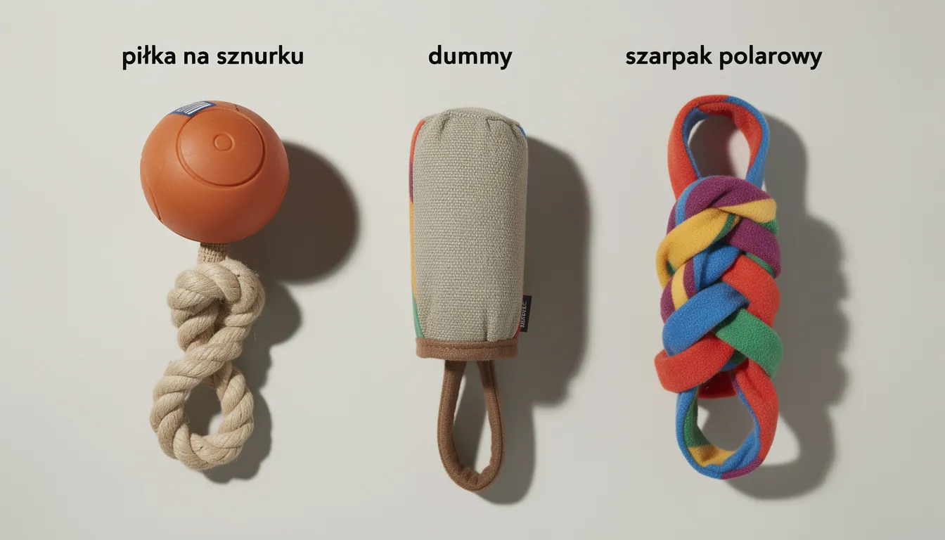 Na zdjęciu znajdują się różne bezpieczne zabawki do aportowania, takie jak piłka na sznurku, dummy oraz szarpak polarowy. Te akcesoria są idealne do wspólnej zabawy z psem, pomagając w nauce aportowania i zachęcając pupila do aktywności fizycznej.