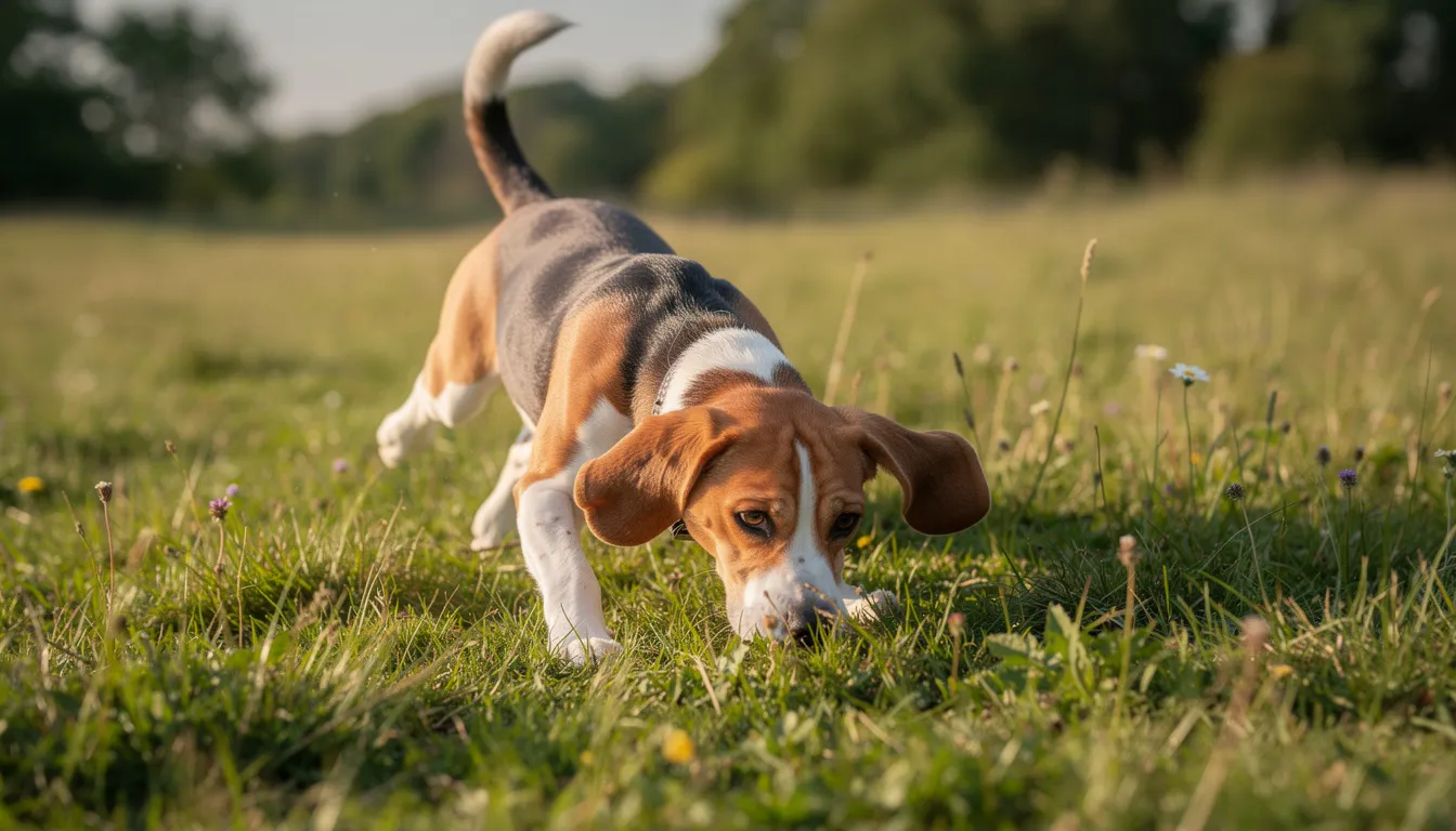 Na łące biegnie beagle, węszy z nosem przy ziemi. To energiczny pies rasy krótkowłosej, który z ciekawością eksploruje otoczenie.