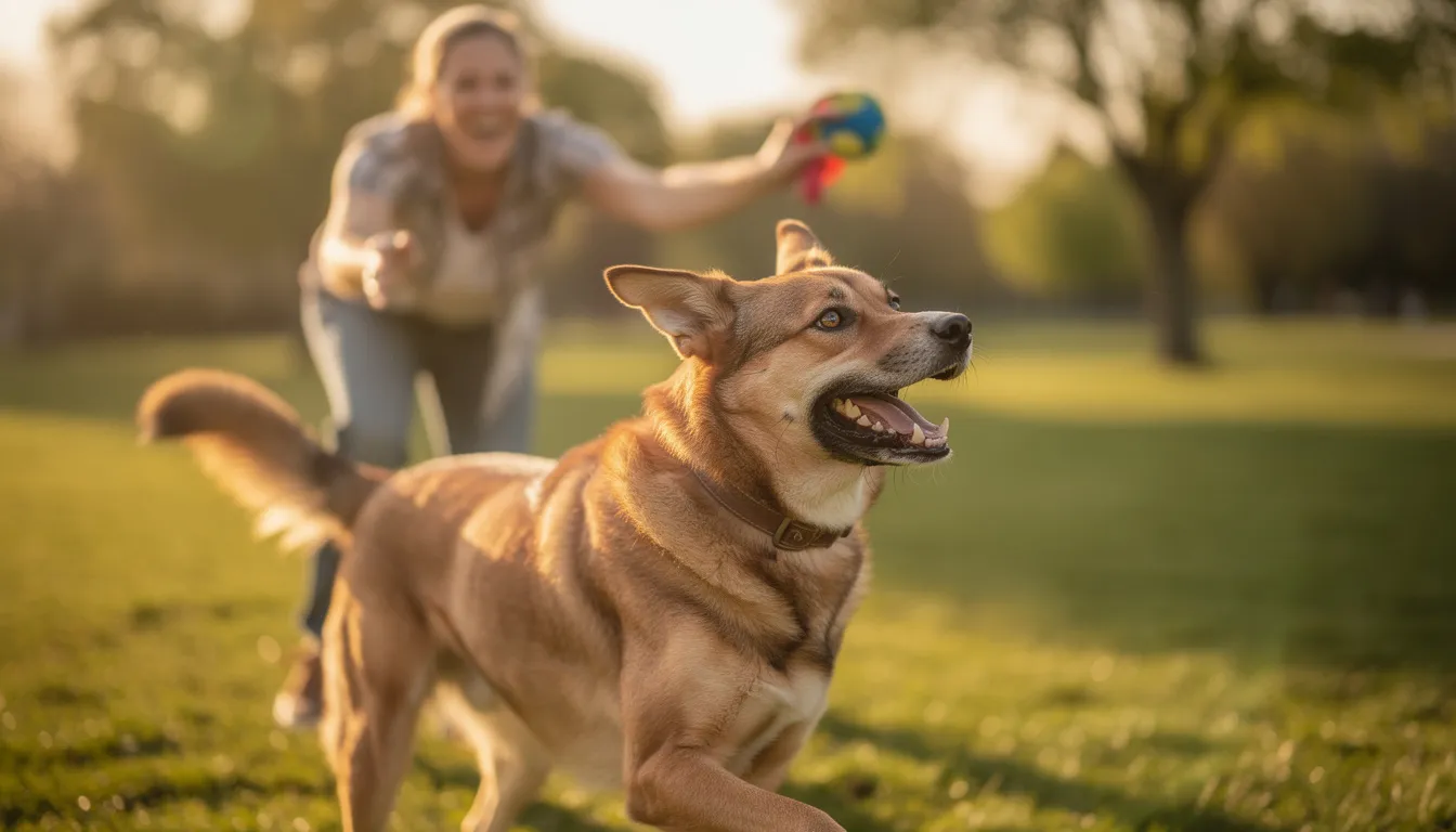 Na obrazku widać szczęśliwego psa bawiącego się ze swoim właścicielem w parku. Pies ma lśniącą sierść i wesoło merda ogonem, co sugeruje jego dobre samopoczucie oraz zdrowie zwierzaka.